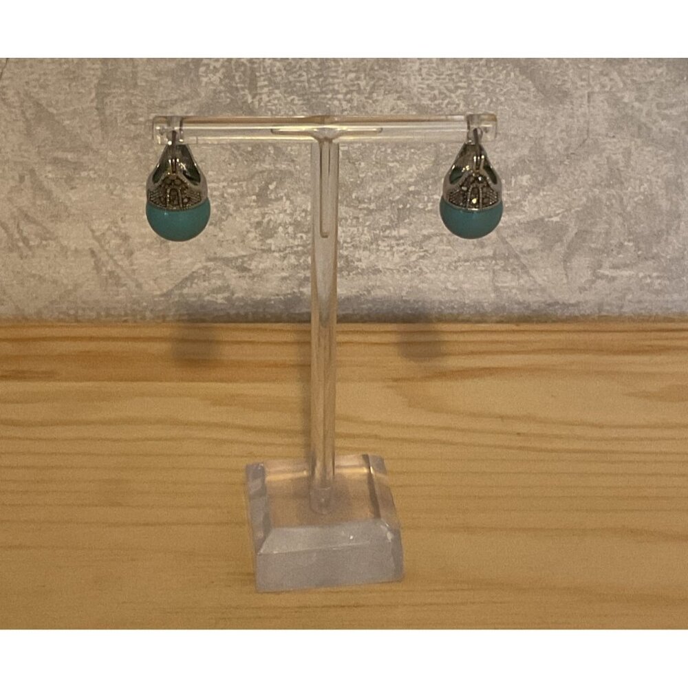 Turquoise Colored & Silver Toned Clip-On Earrings With Intricate Filigree Design